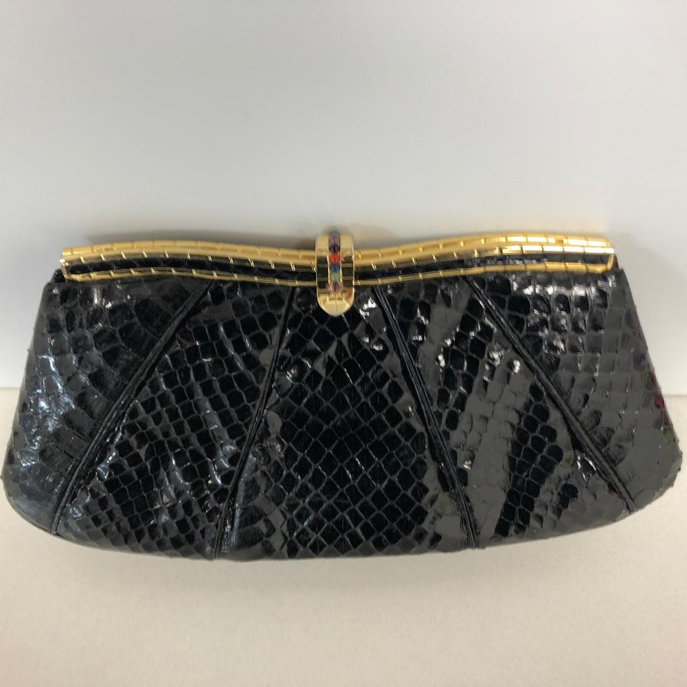 Judith Leiber snakeskin purse - black w/ gold
